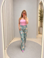 Çiçek desenli denim pantolon