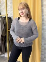 Gri delikli örme triko - Görsel 2