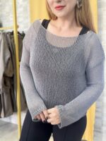 Gri delikli örme triko - Görsel 3