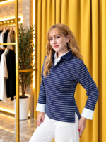Poplin detaylı çizgili bluz lacivert - Görsel 3