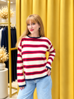 Örme Triko Çizgili Bluz Ekru Kırmızı - Görsel 4